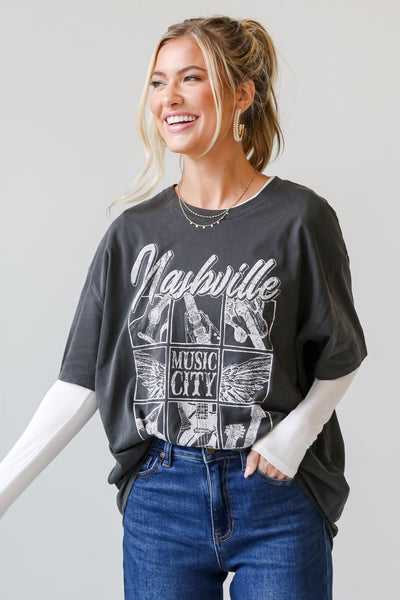 Charcoal Nashville Tennessee Music City Oversized Graphic Tee front view