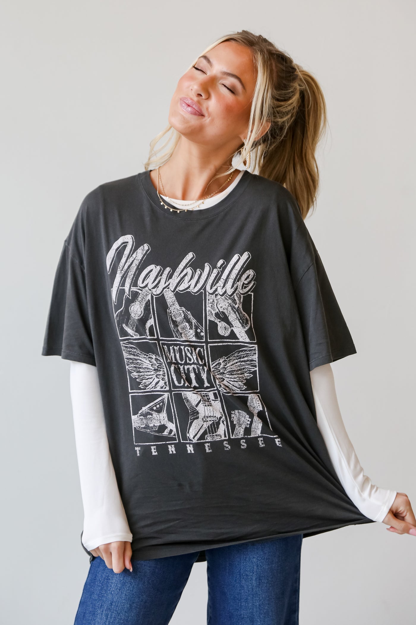 Charcoal Nashville Tennessee Music City Oversized Graphic Tee front view