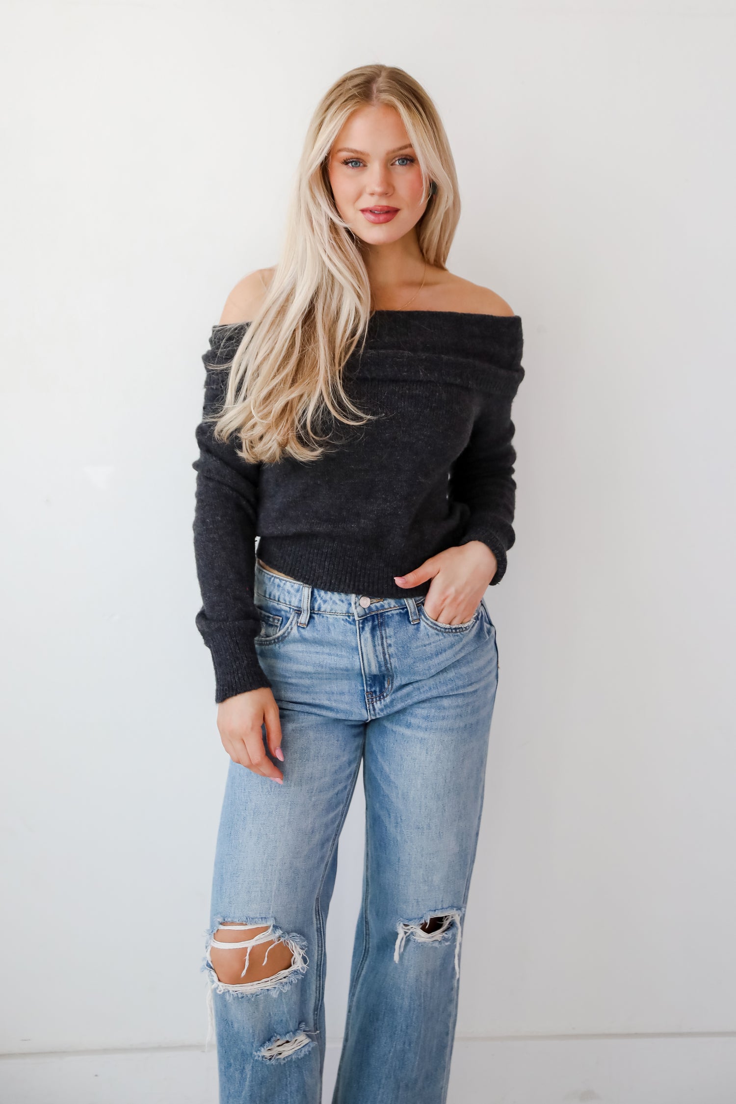 Dazzling Coziness Charcoal Off-The-Shoulder Sweater