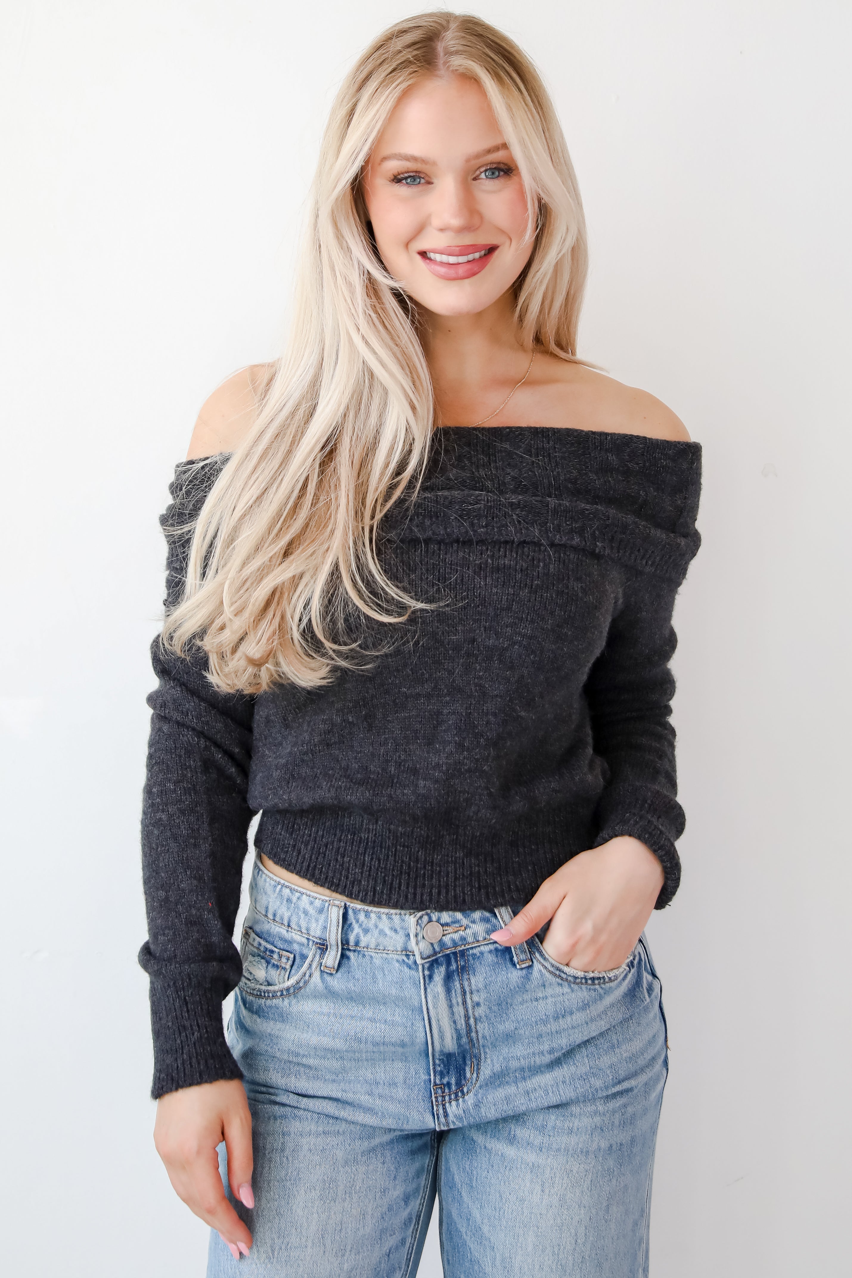 Dazzling Coziness Charcoal Off-The-Shoulder Sweater