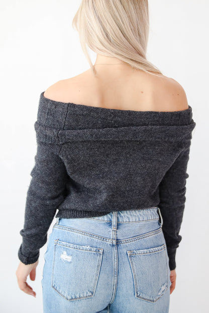 Dazzling Coziness Charcoal Off-The-Shoulder Sweater