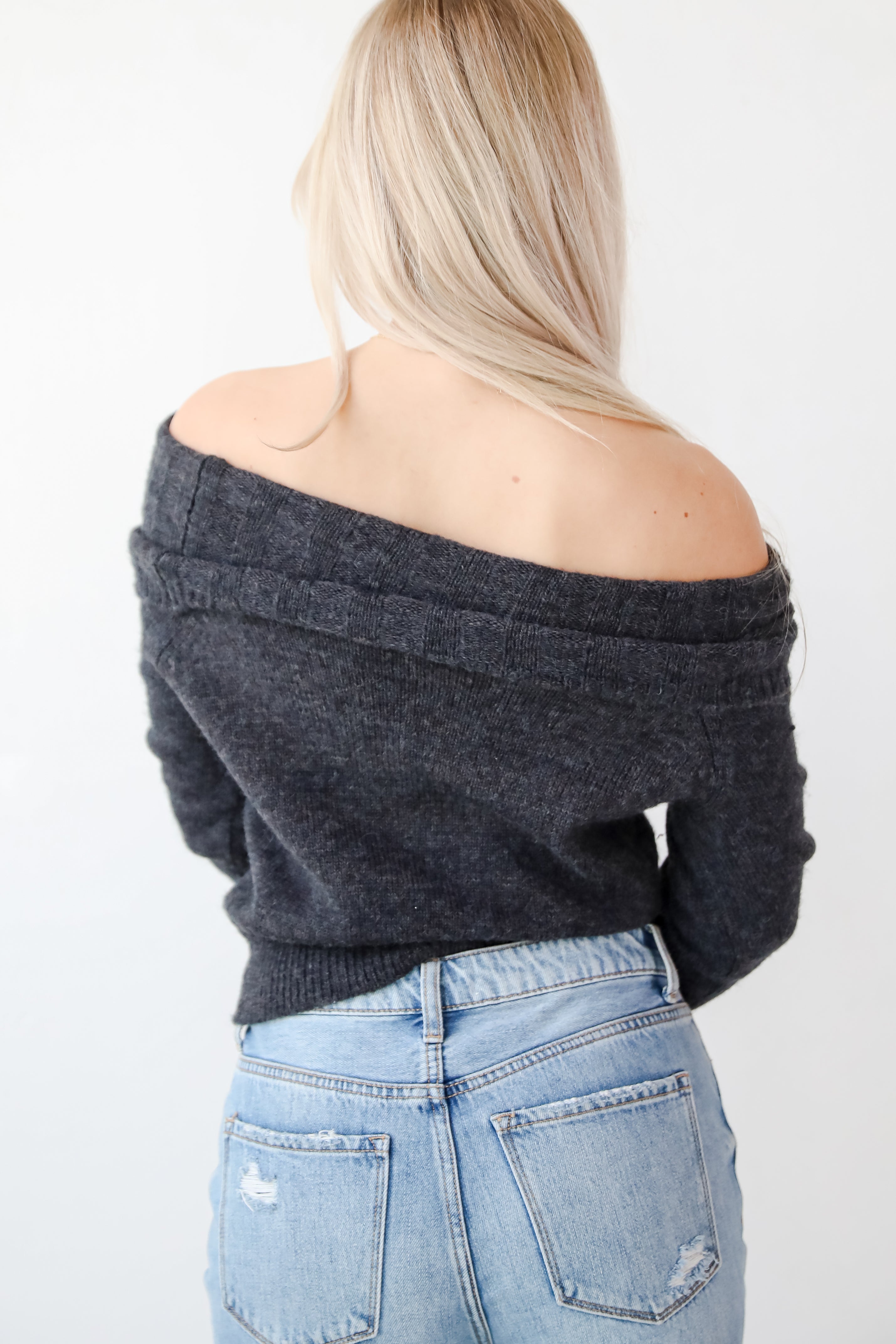 Dazzling Coziness Charcoal Off-The-Shoulder Sweater