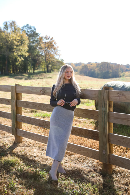 Dazzling Coziness Charcoal Off-The-Shoulder Sweater