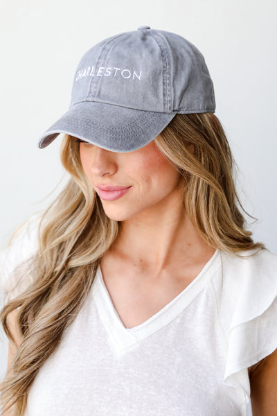 Charleston Block Letter Embroidered Hat on model