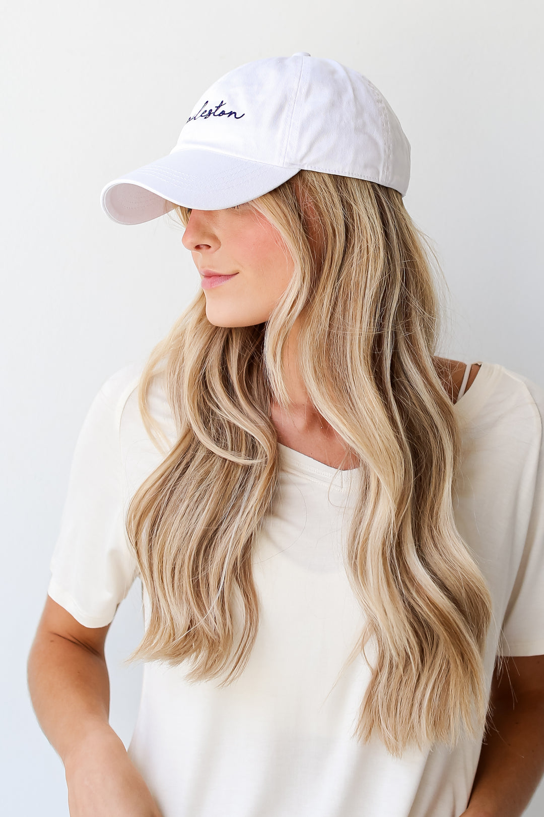 White Charleston Script Embroidered Hat side view
