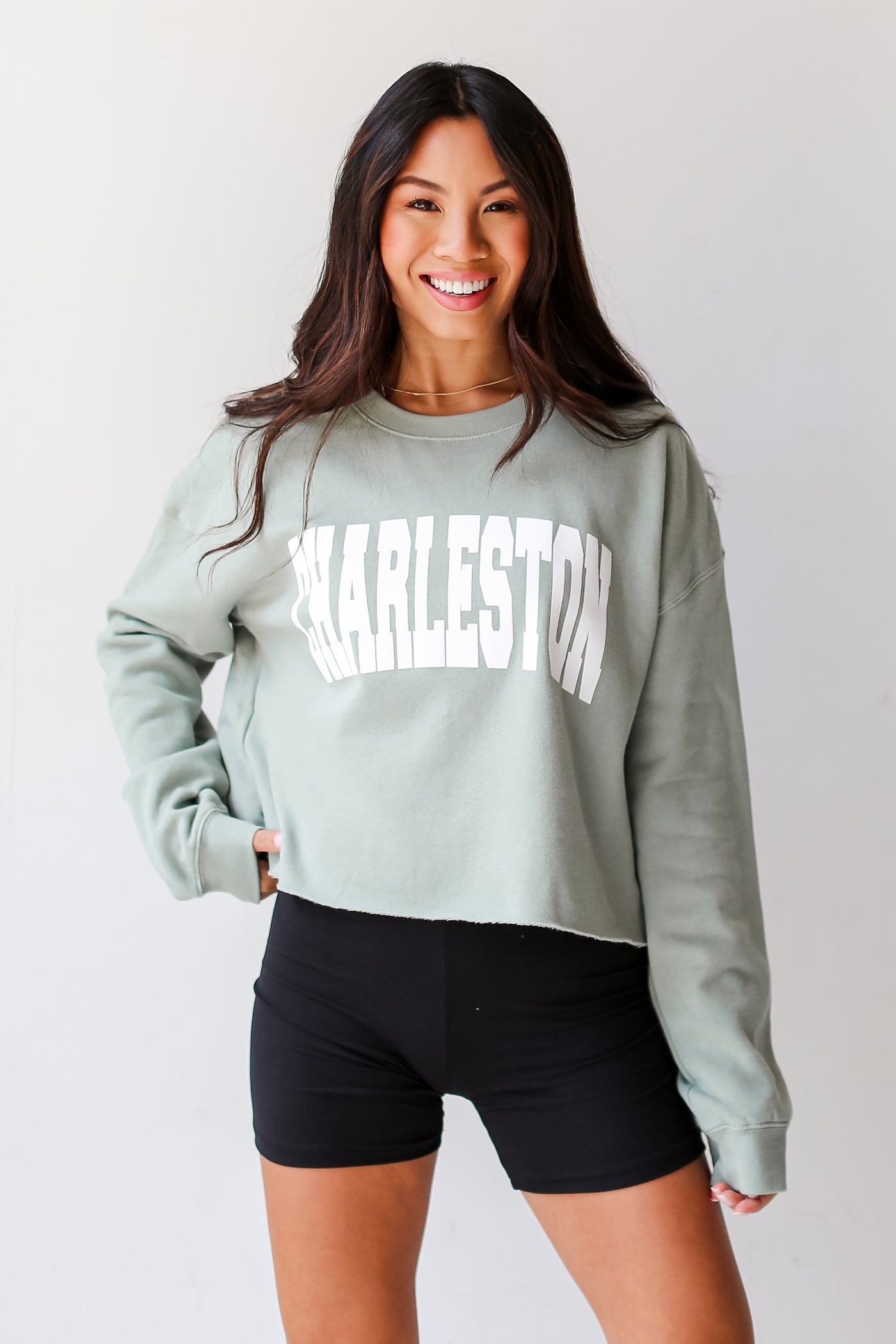 model wearing a Sage Charleston Cropped Pullover