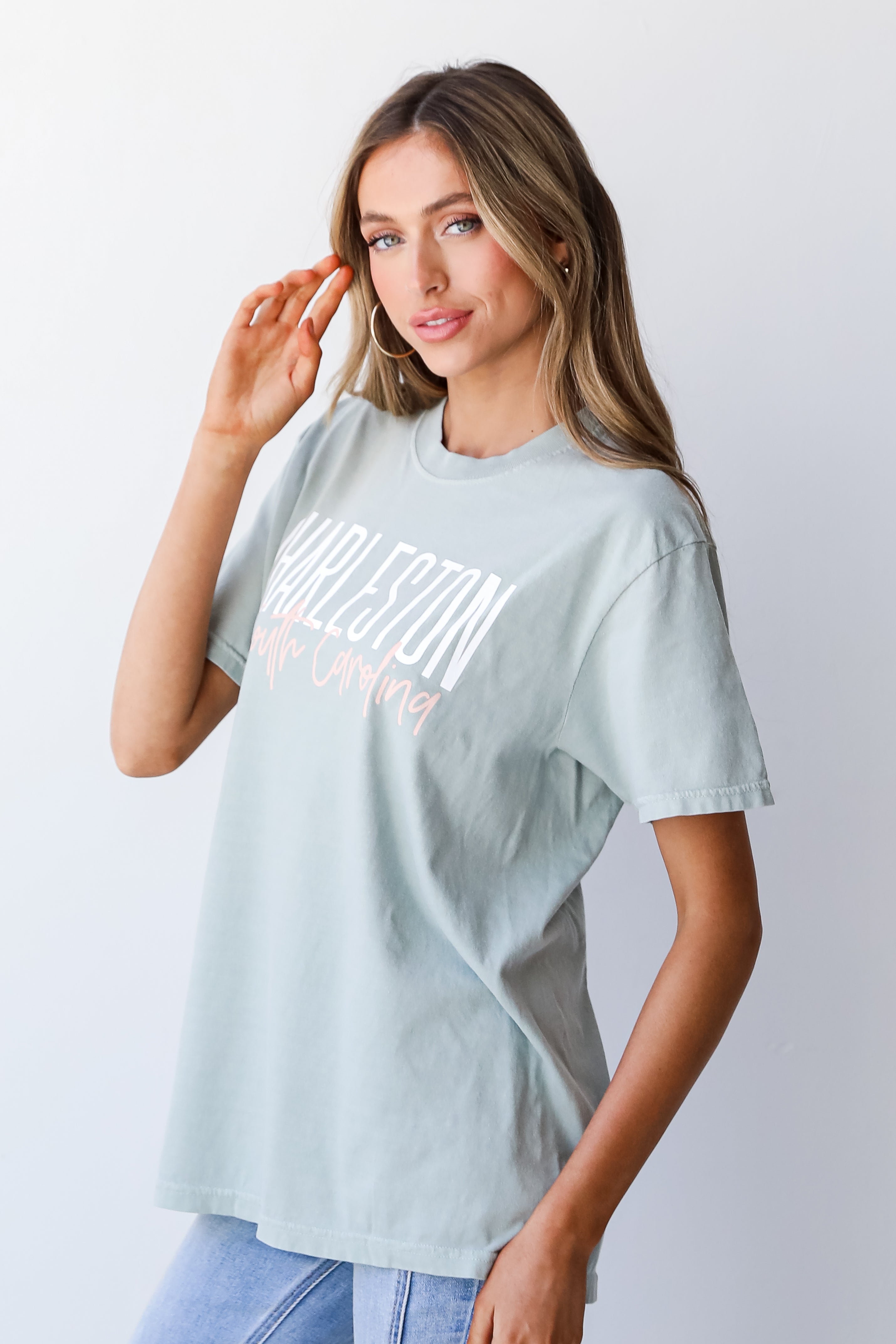 Sage Charleston South Carolina Script Tee side view