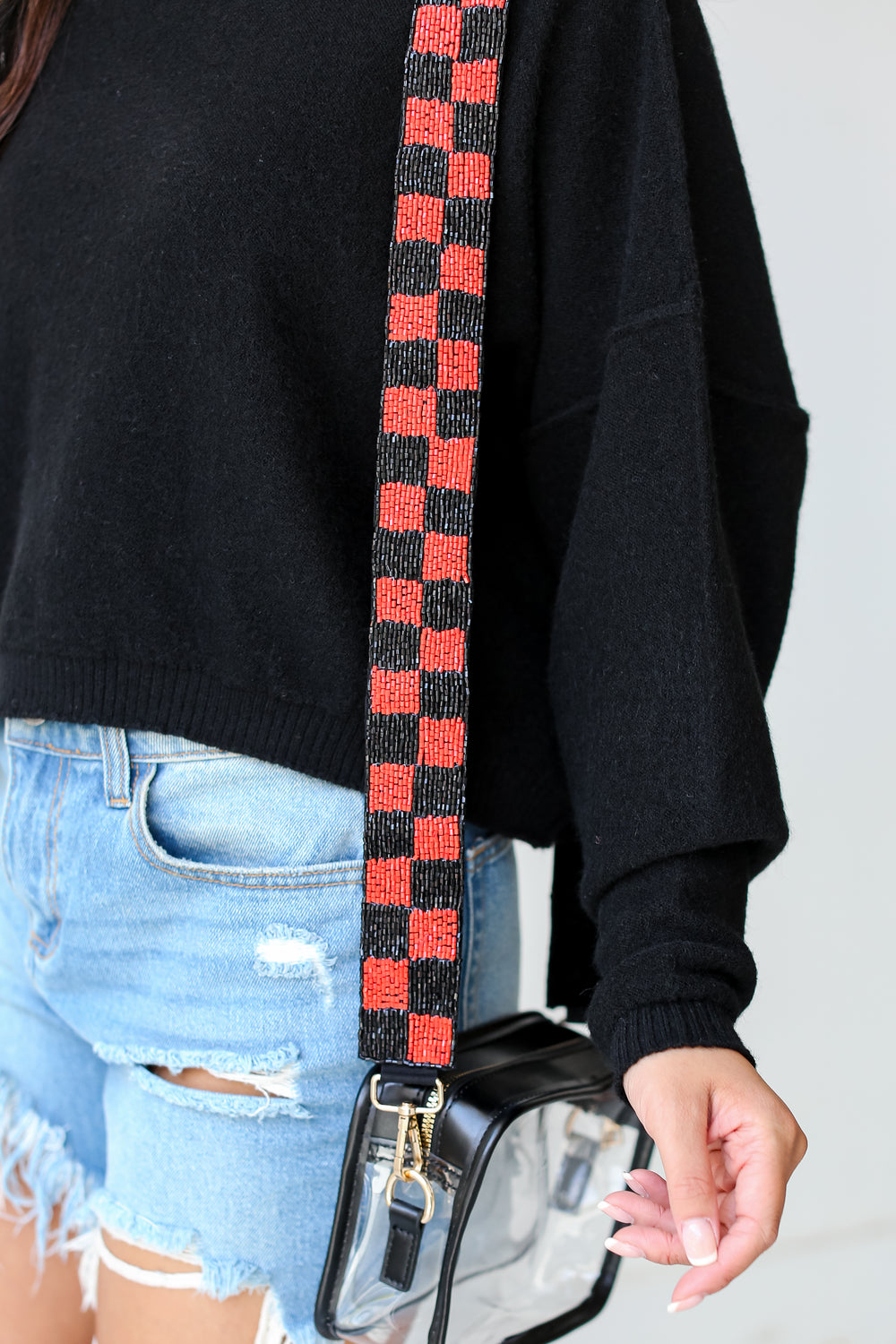 Red + Black Checkered Beaded Purse Strap close up