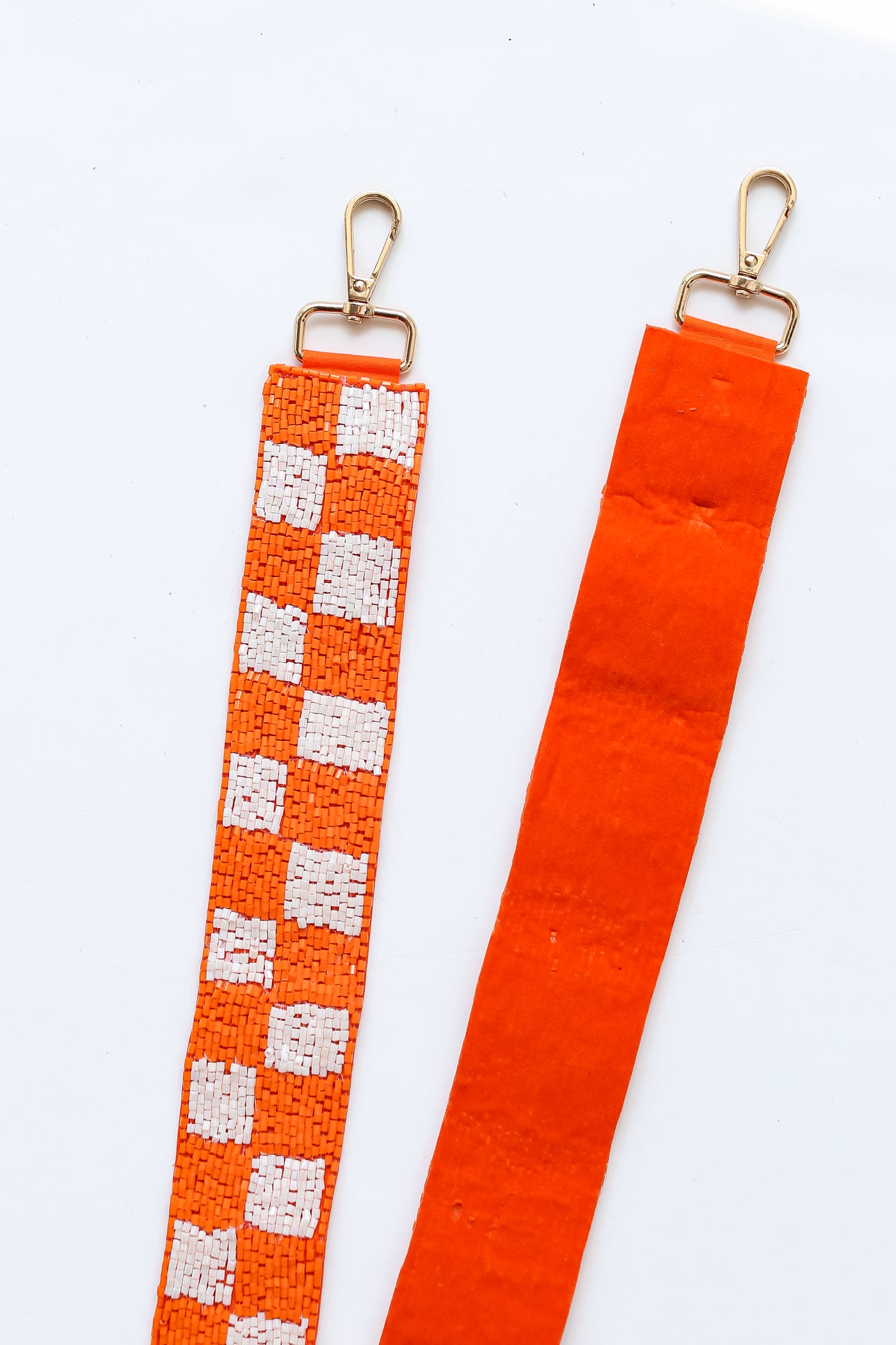 Orange + White Checkered Beaded Purse Strap close up view