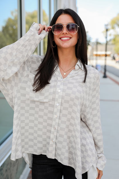 Truly A Beauty Natural Checkered Button-Up Blouse