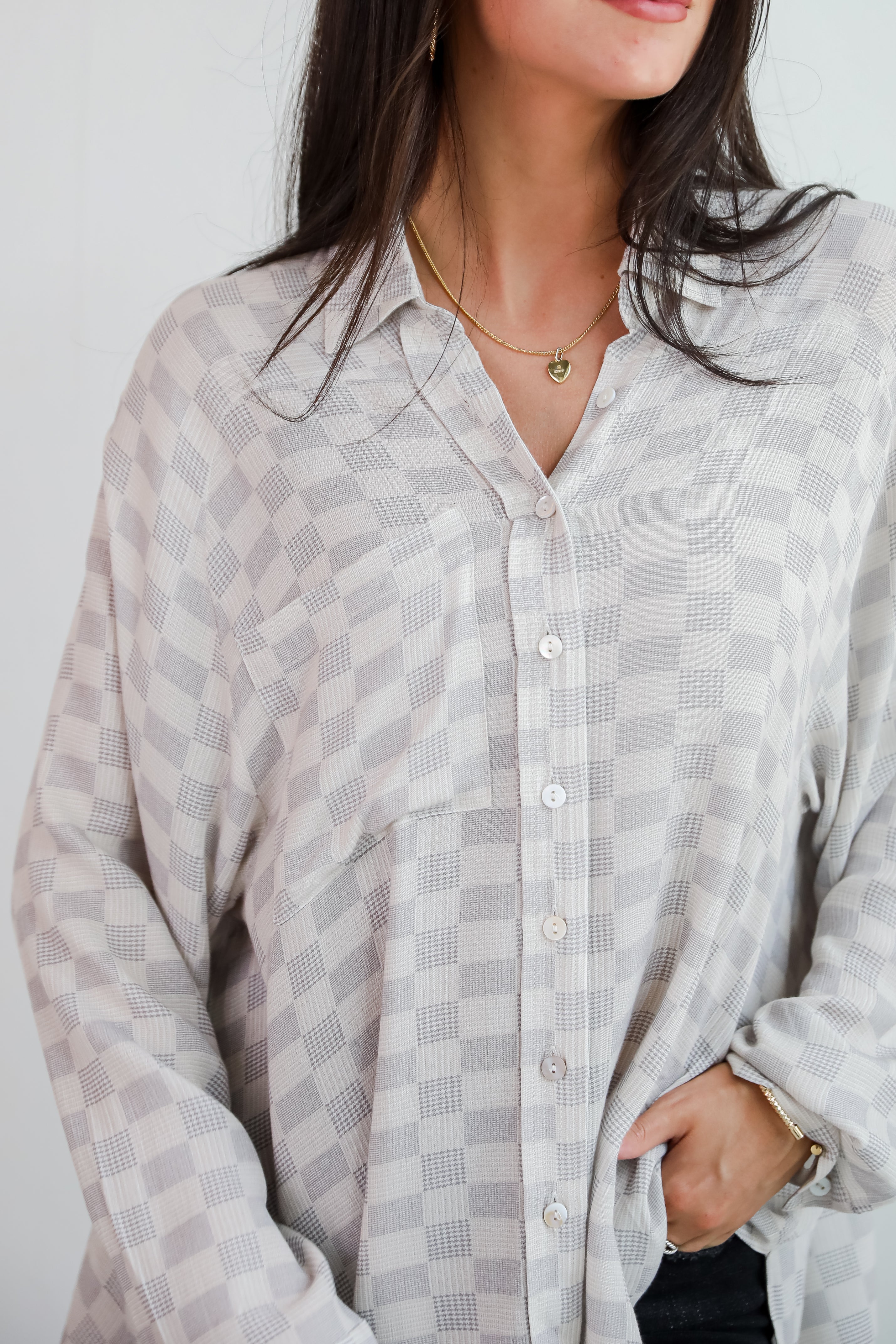 Truly A Beauty Natural Checkered Button-Up Blouse