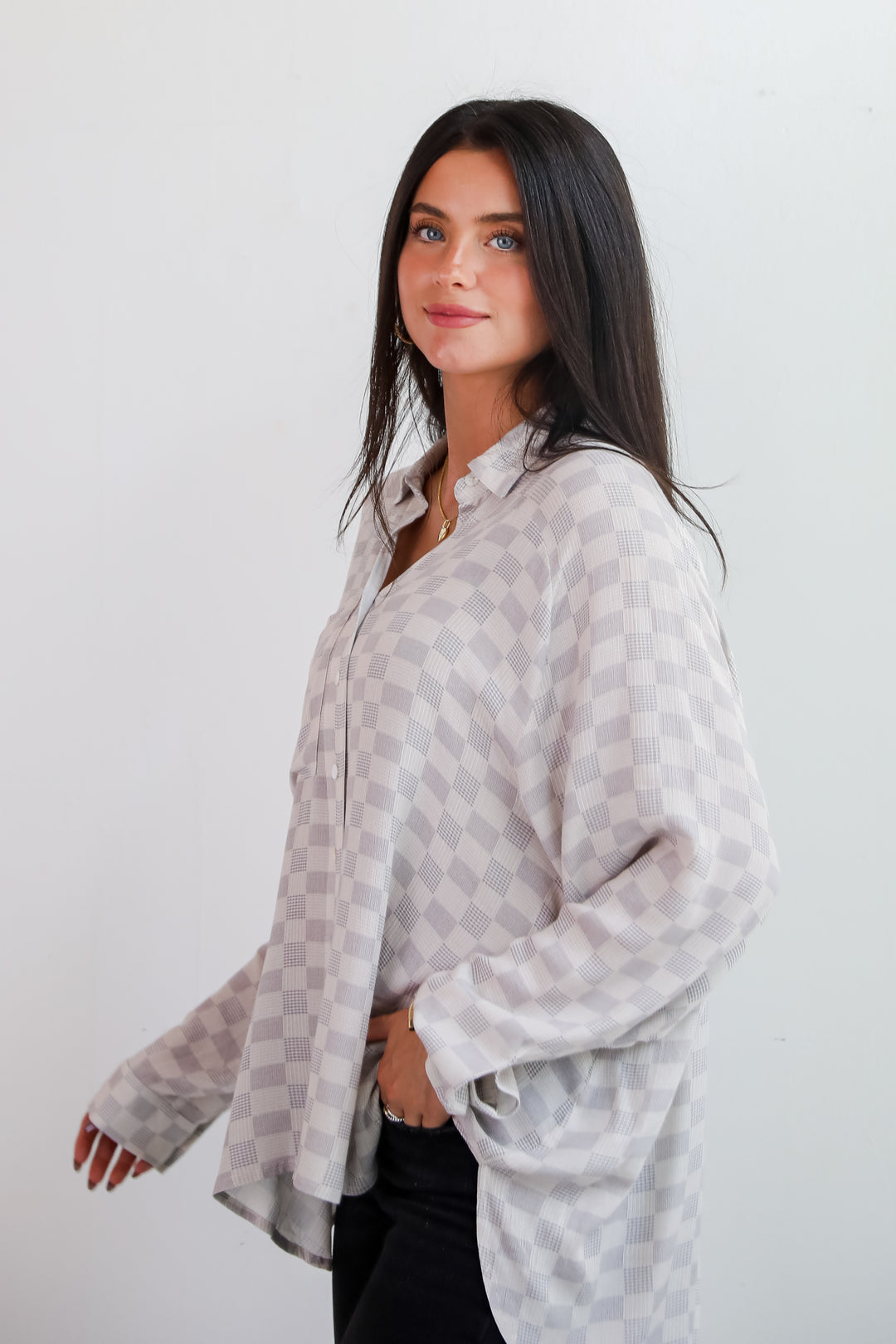 Truly A Beauty Natural Checkered Button-Up Blouse