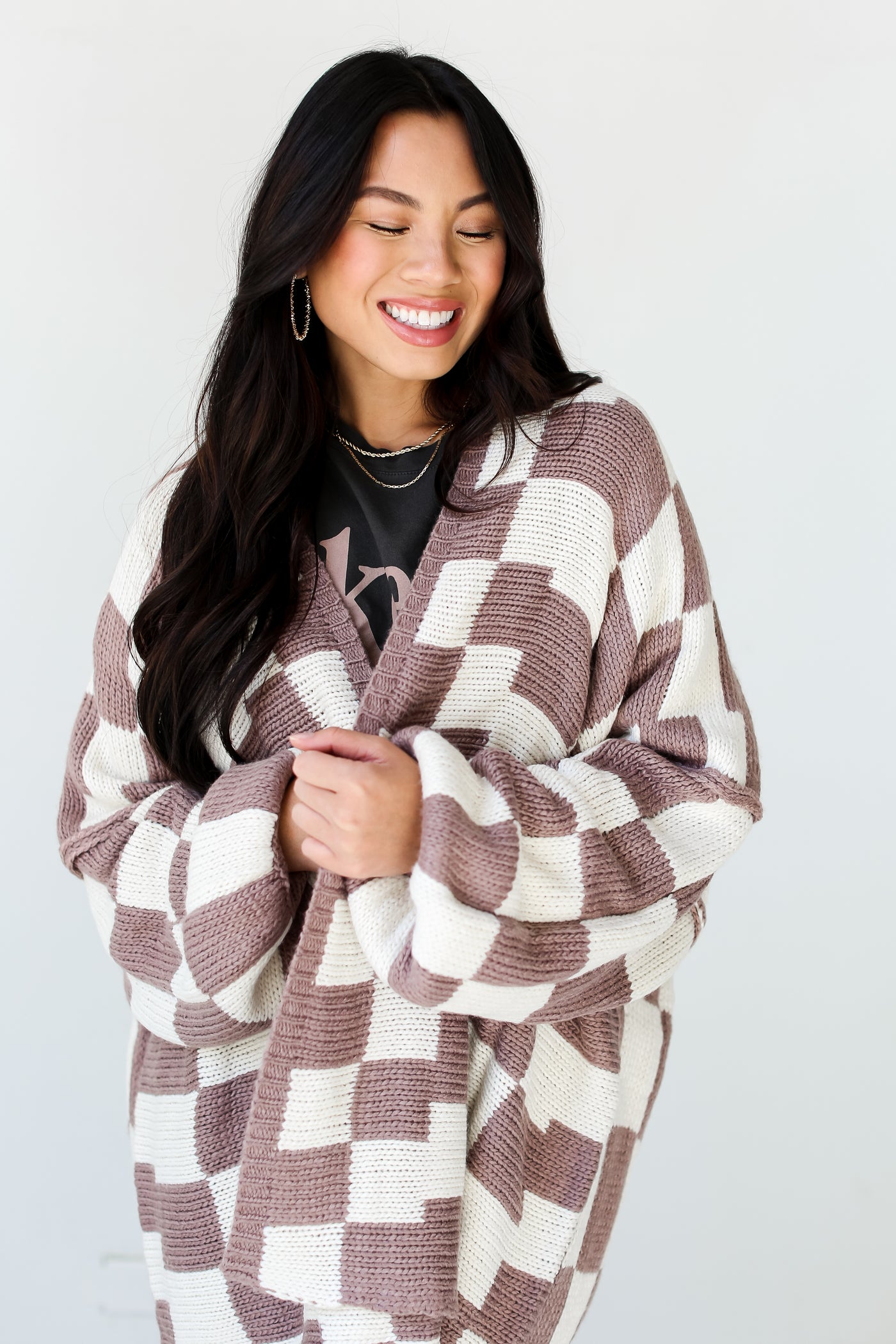 trendy taupe Checkered Sweater Cardigan close up