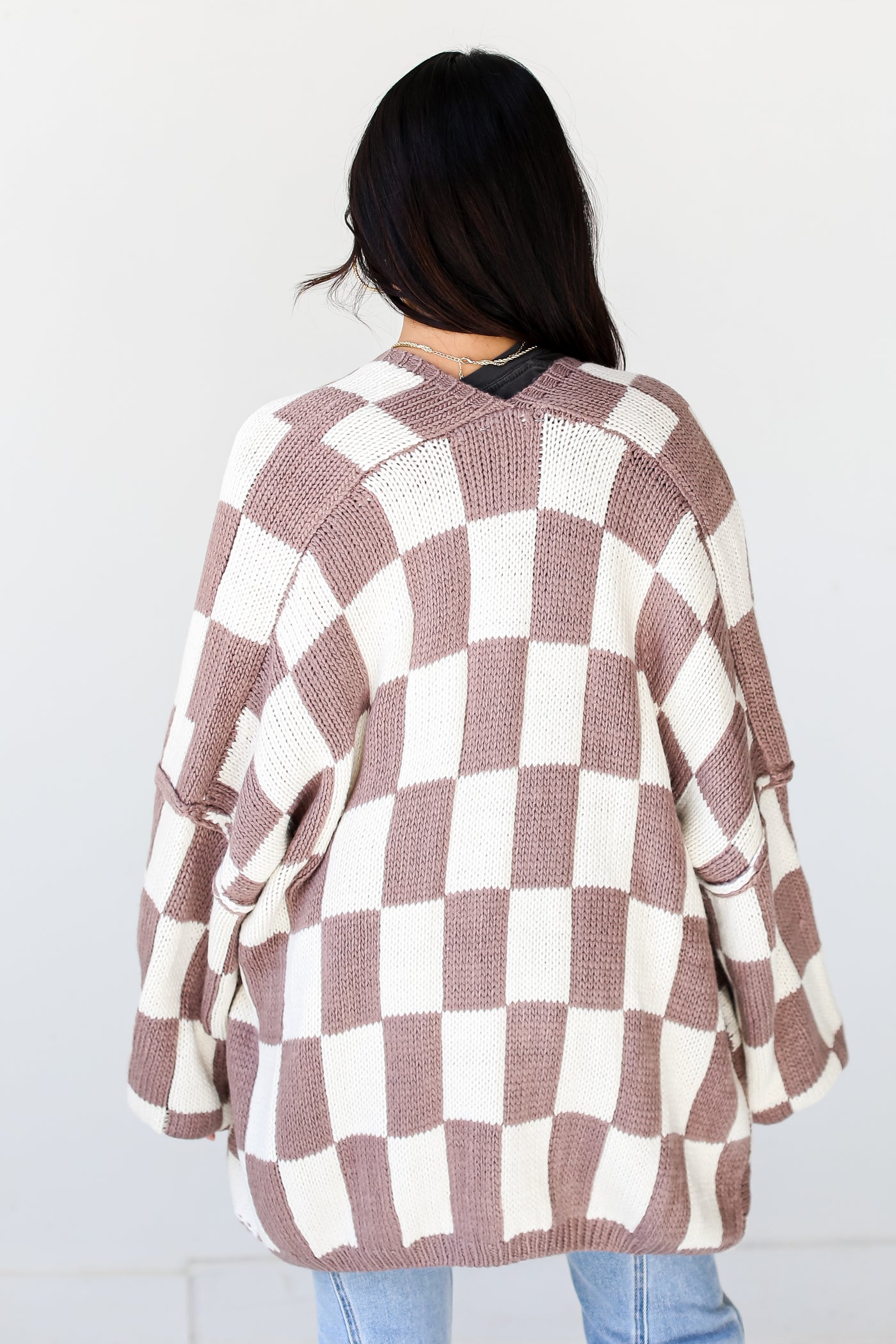 taupe Checkered Sweater Cardigan back view