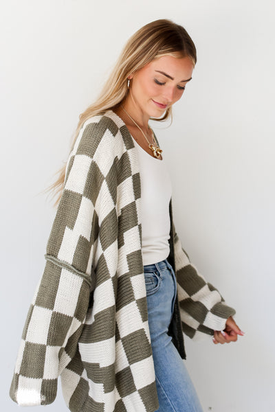 olive Checkered Sweater Cardigan side view, online dress boutique