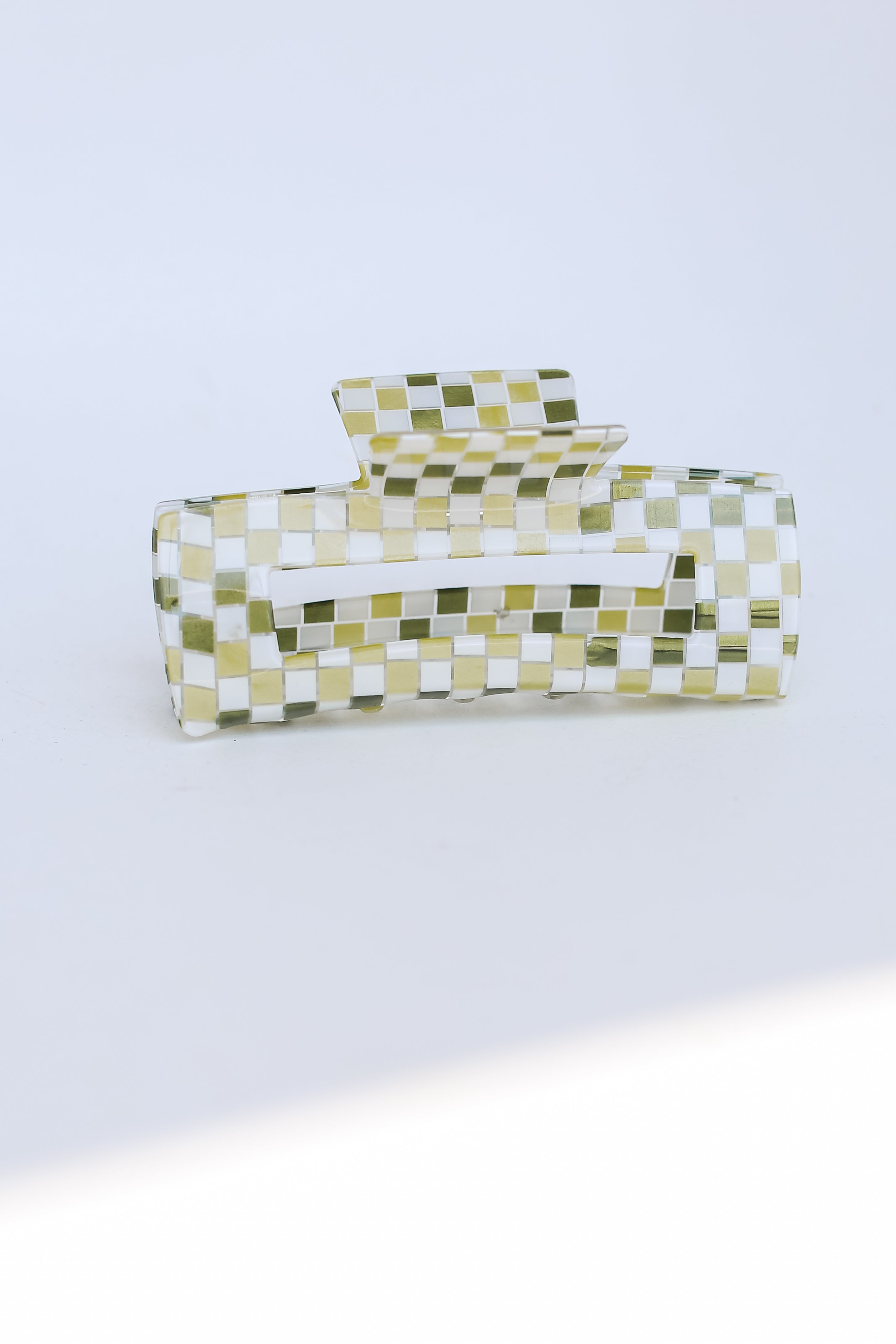 green Acrylic Checkered Claw Hair Clip flat lay