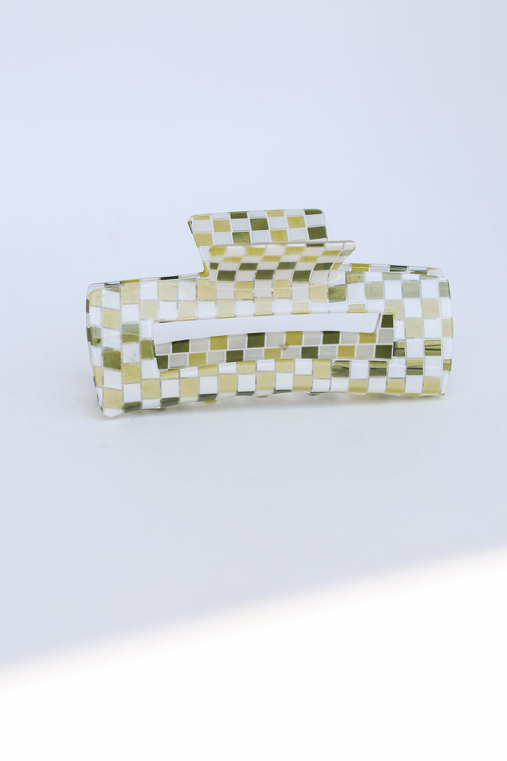 green Acrylic Checkered Claw Hair Clip flat lay