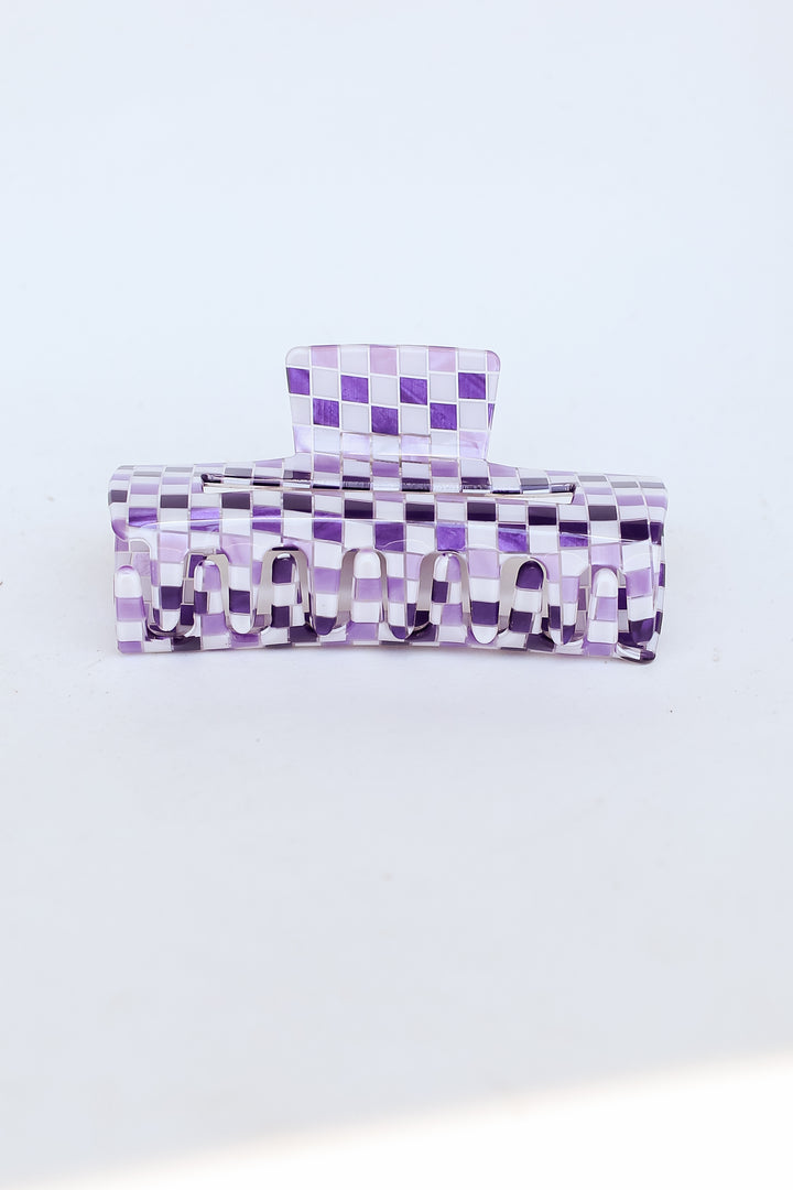 purple Acrylic Checkered Claw Hair Clip close up