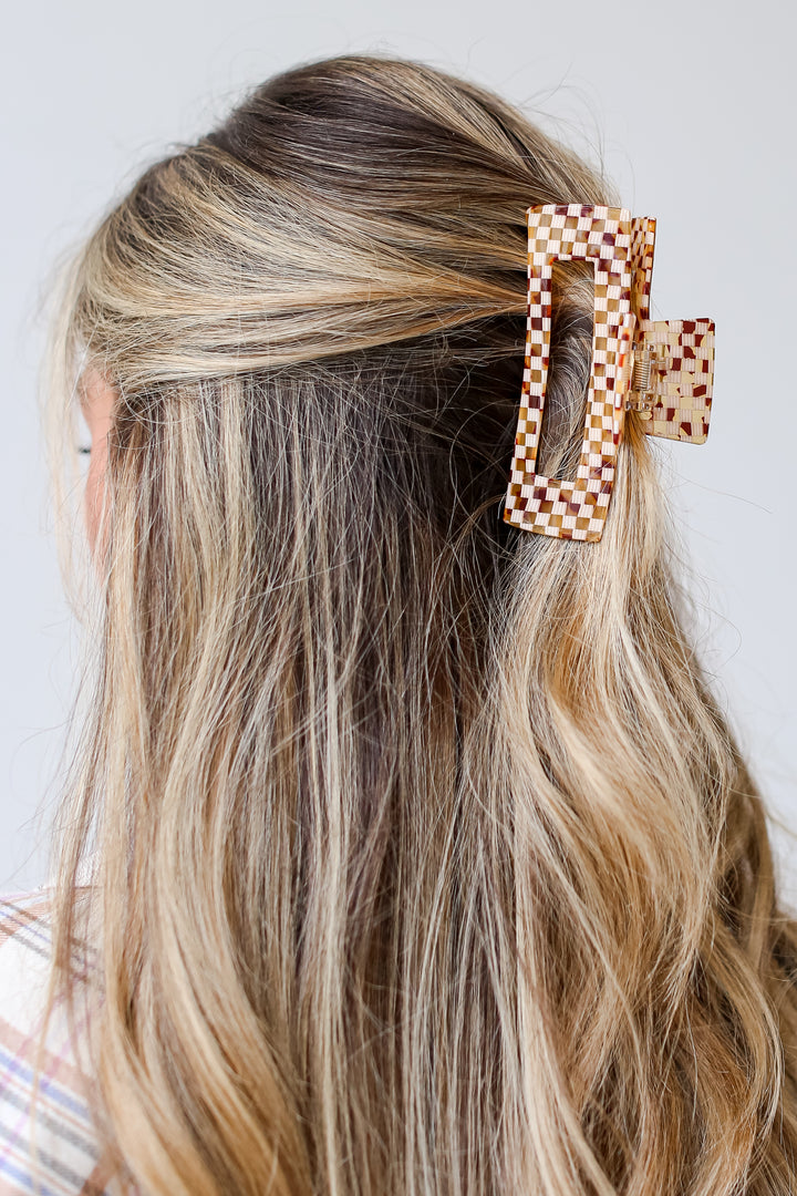 brown Acrylic Checkered Claw Hair Clip