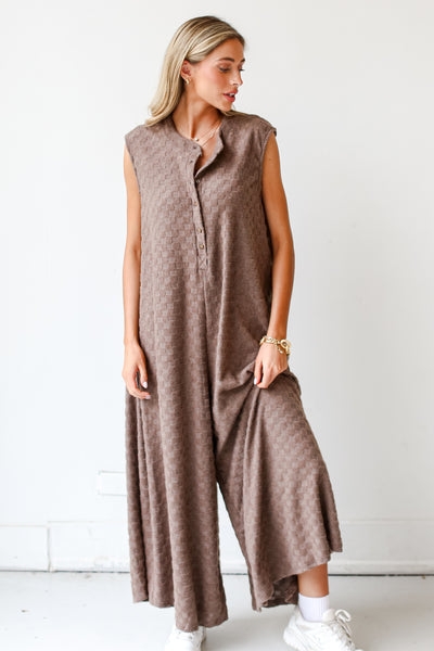 model wearing a brown Checkered Knit Jumpsuit