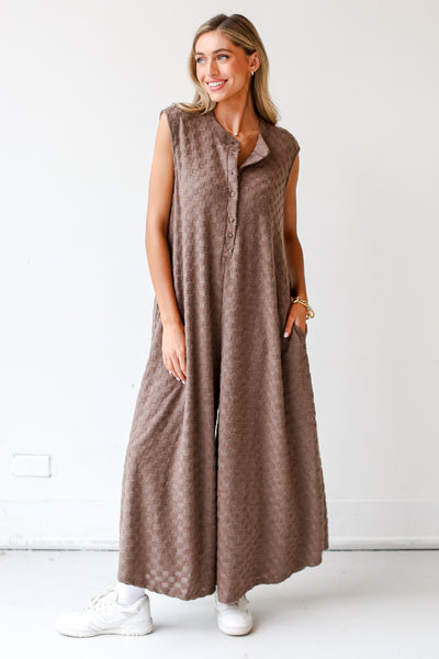 brown Checkered Knit Jumpsuit on dress up model