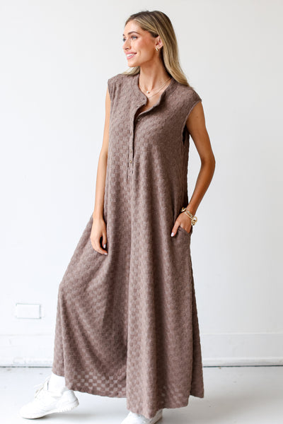 brown Checkered Knit Jumpsuit side view