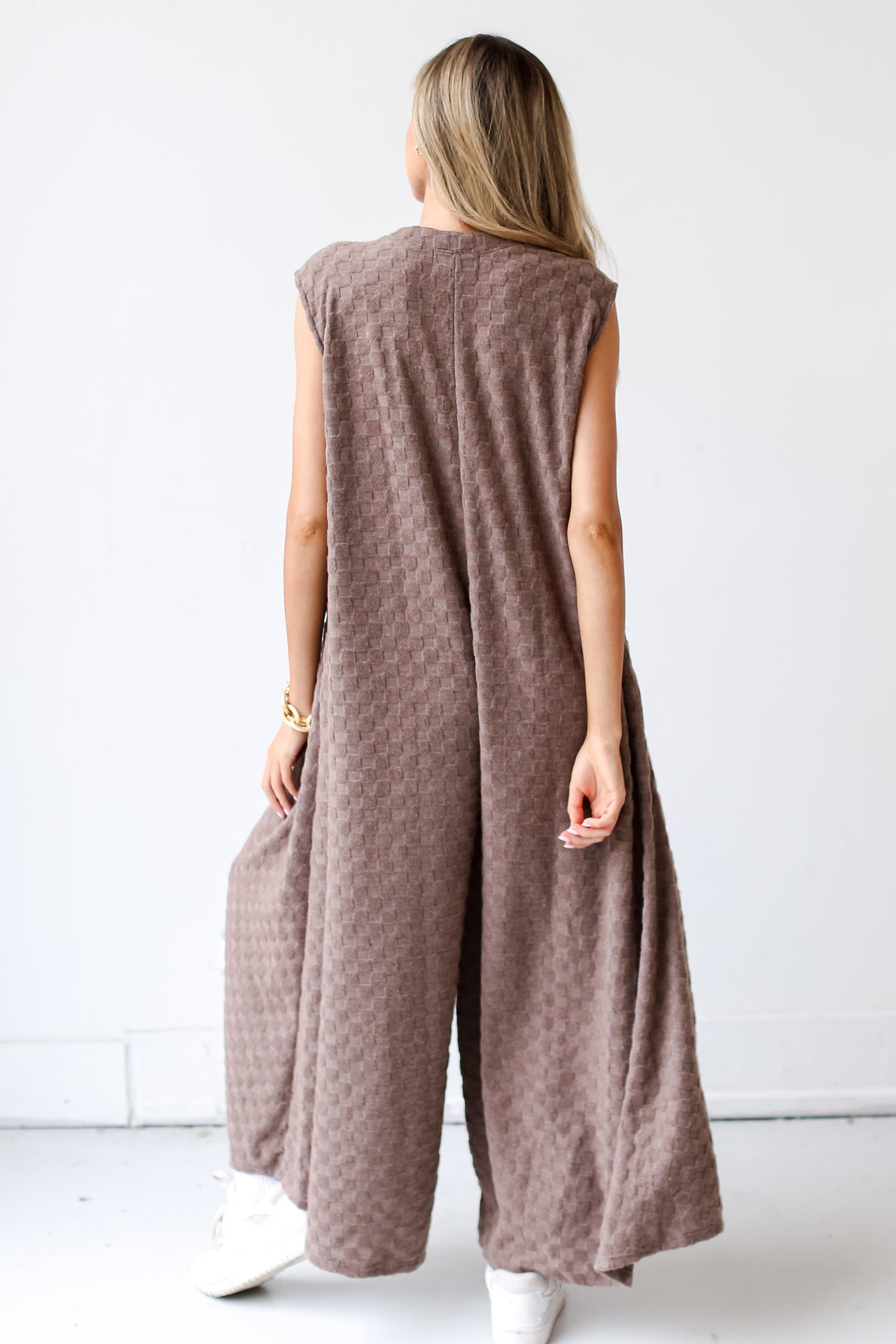 brown Checkered Knit Jumpsuit back view