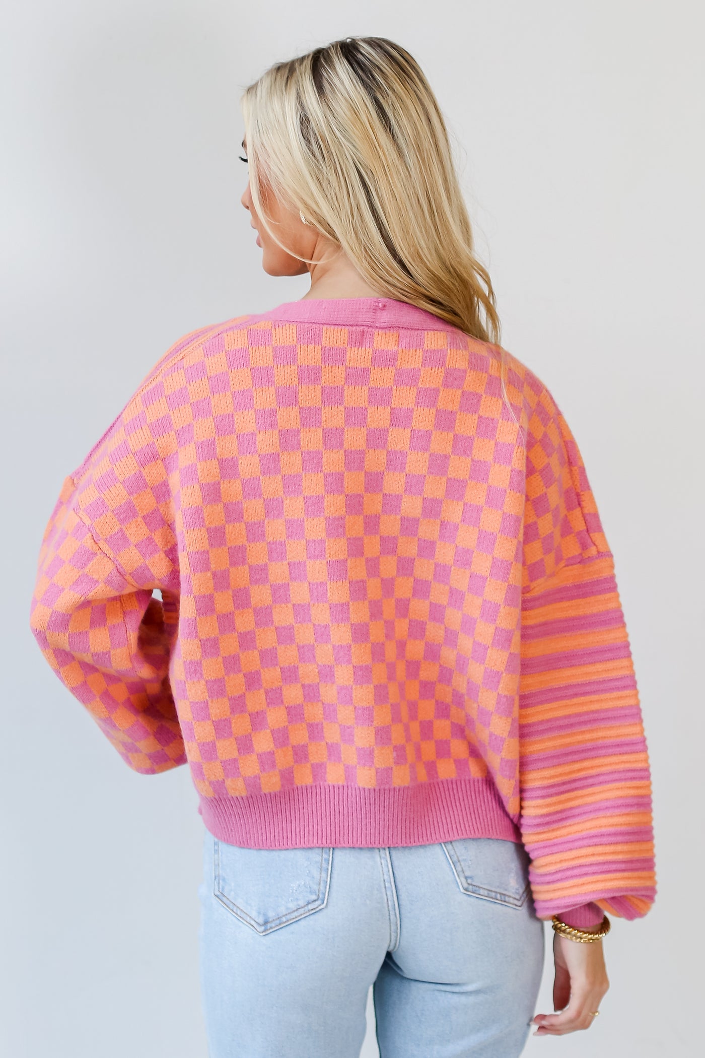 pink checkered Sweater Cardigan back view