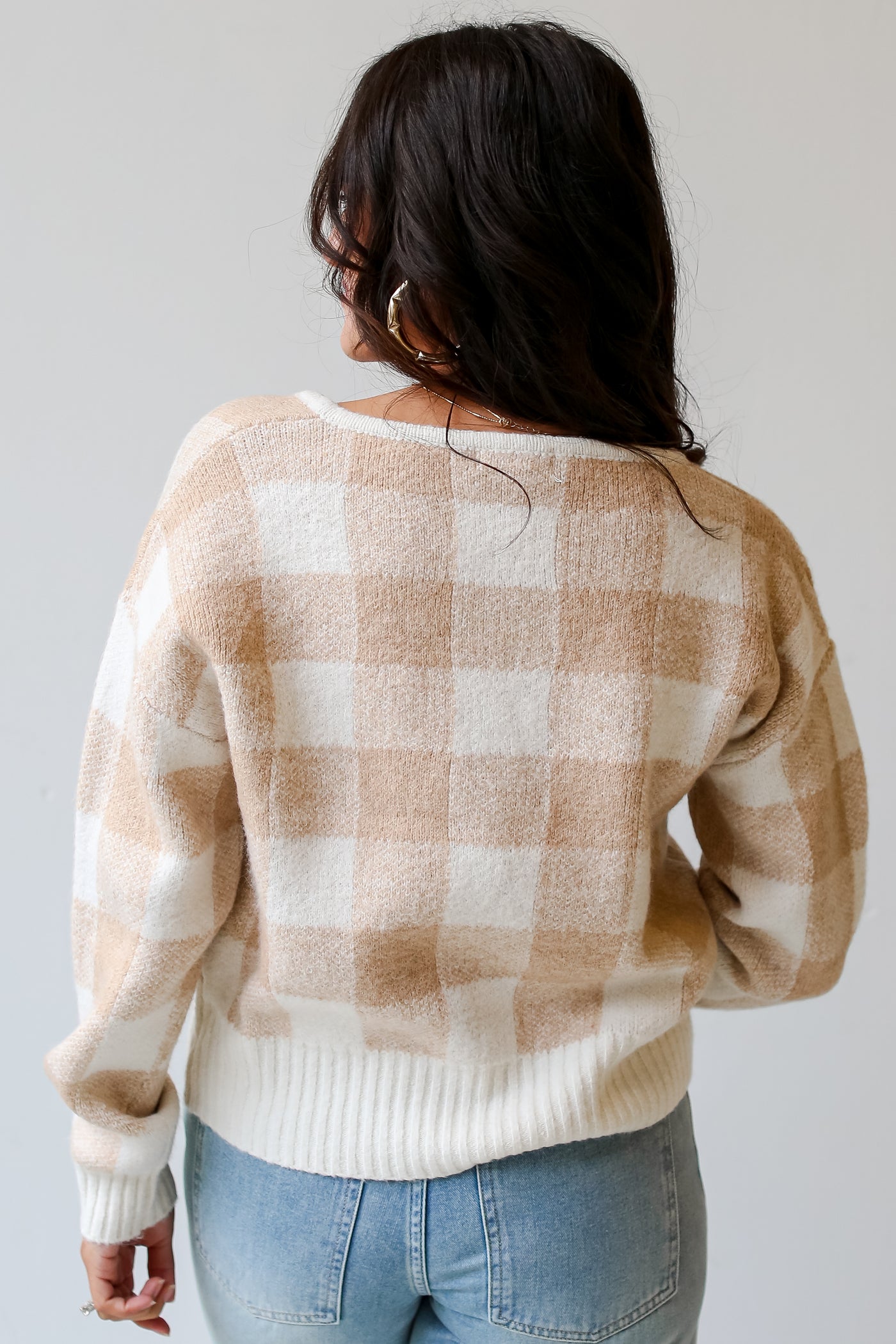 Beige Checkered Sweater back view