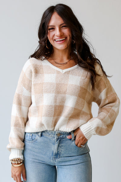 Beige Checkered Sweater front view