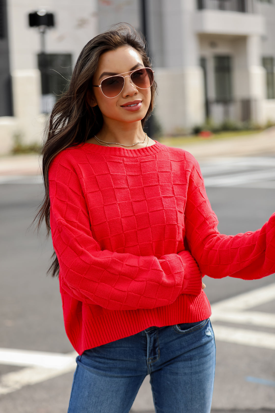 red Checkered Knit Sweater