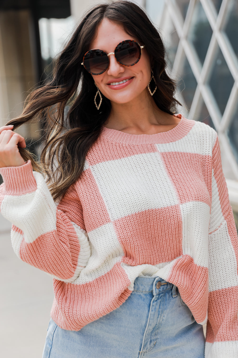 blush Checkered Sweater on model