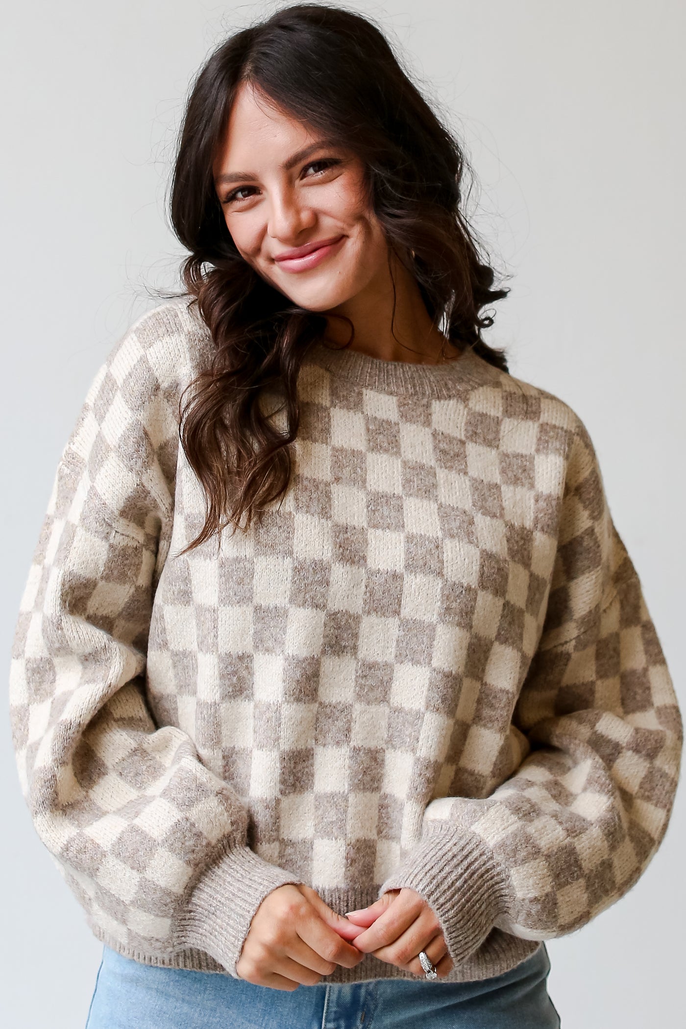 Oatmeal Checkered Sweater front view