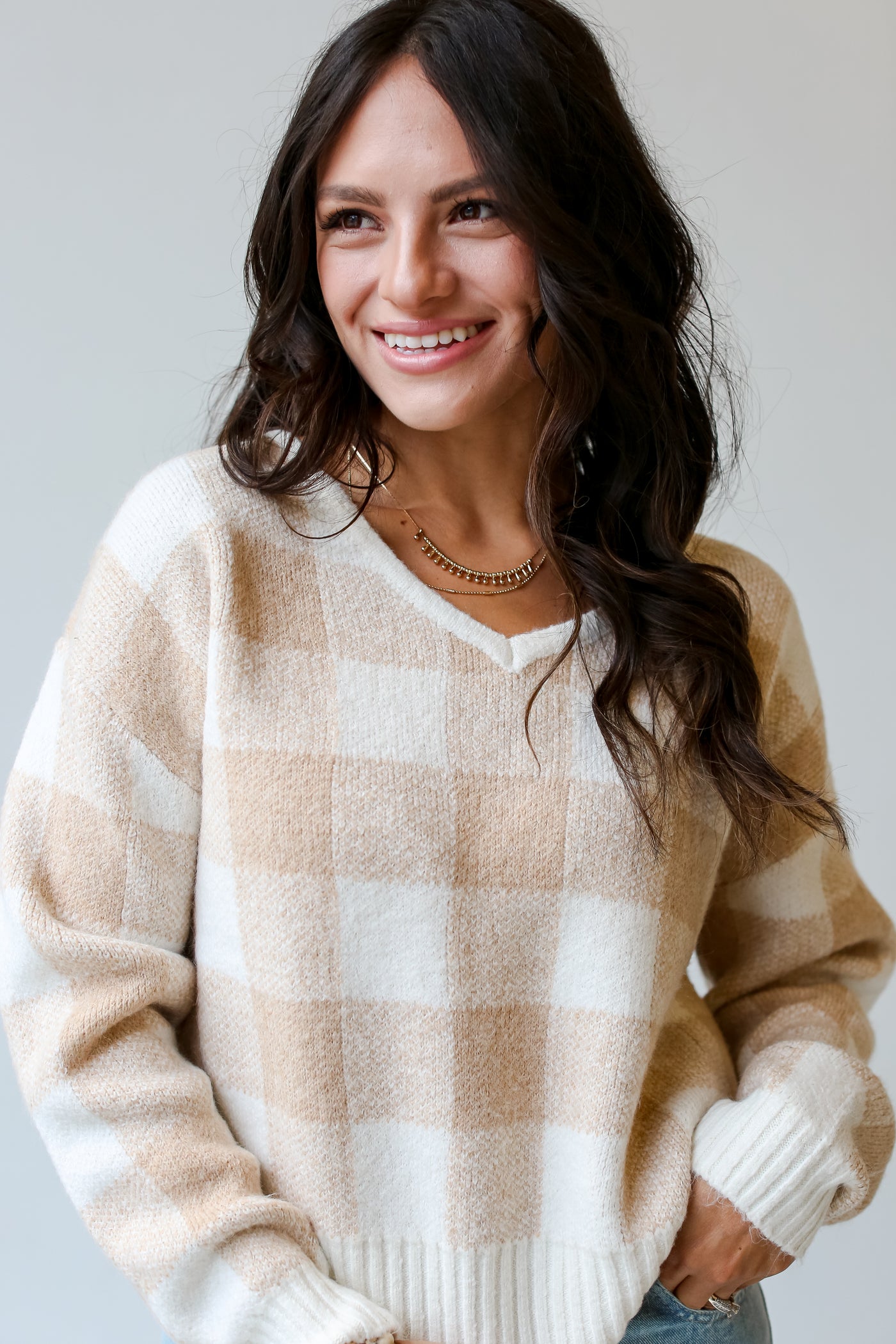 model wearing a Beige Checkered Sweater