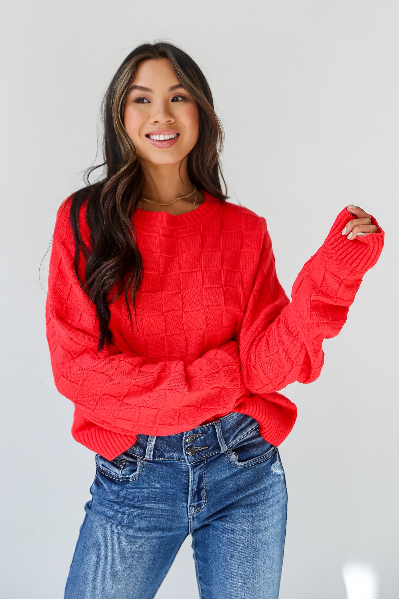 red Checkered Knit Sweater front view