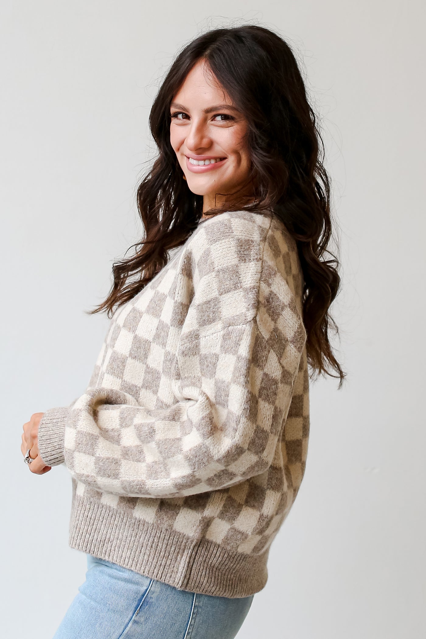 model wearing a taupe Checkered Sweater