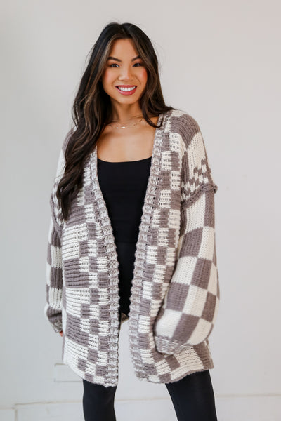 brown Checkered Sweater Cardigan front view