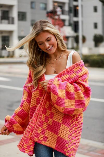 oversized pink Checkered Sweater Cardigan
