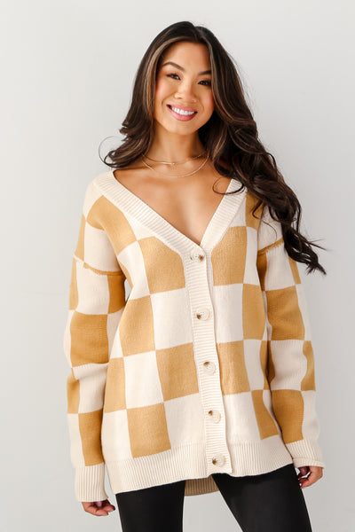 Ivory Checkered Oversized Sweater Cardigan front view