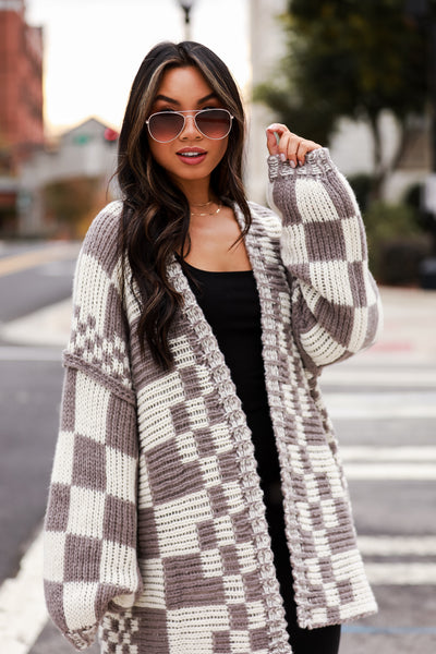 brown Checkered Sweater Cardigan