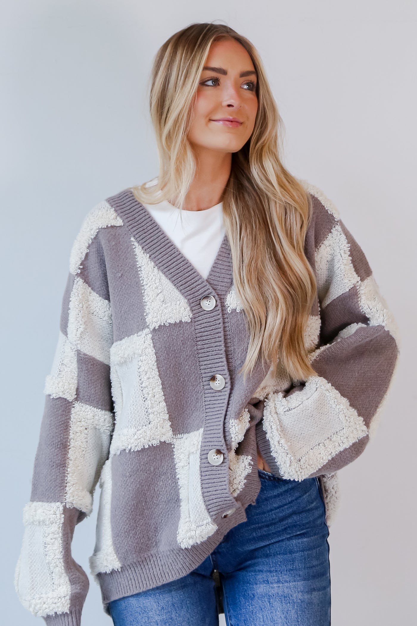 Mocha Checkered Sweater Cardigan front view