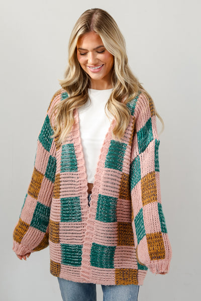 Blush Checkered Sweater Cardigan front view