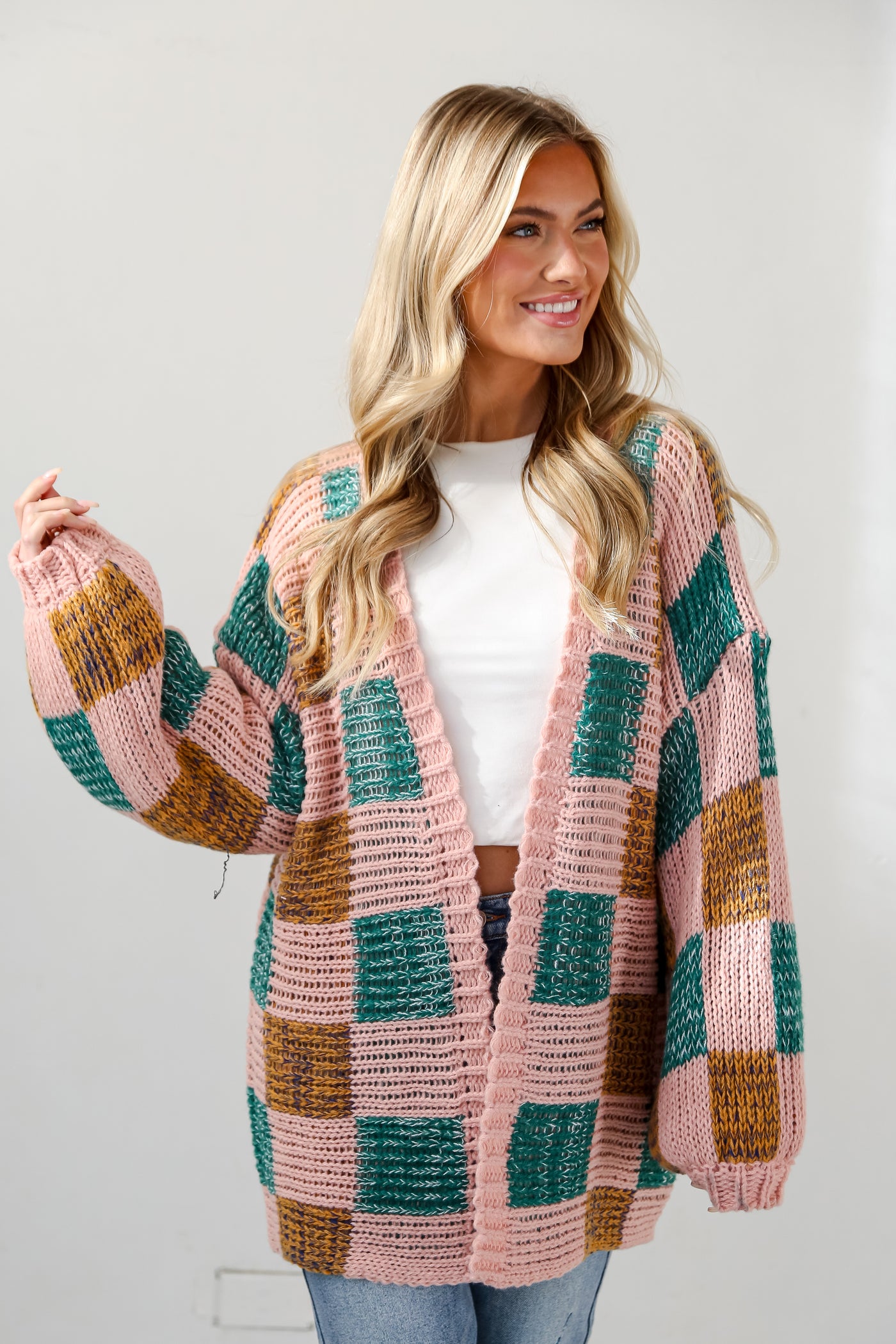 Blush Checkered Sweater Cardigan on model