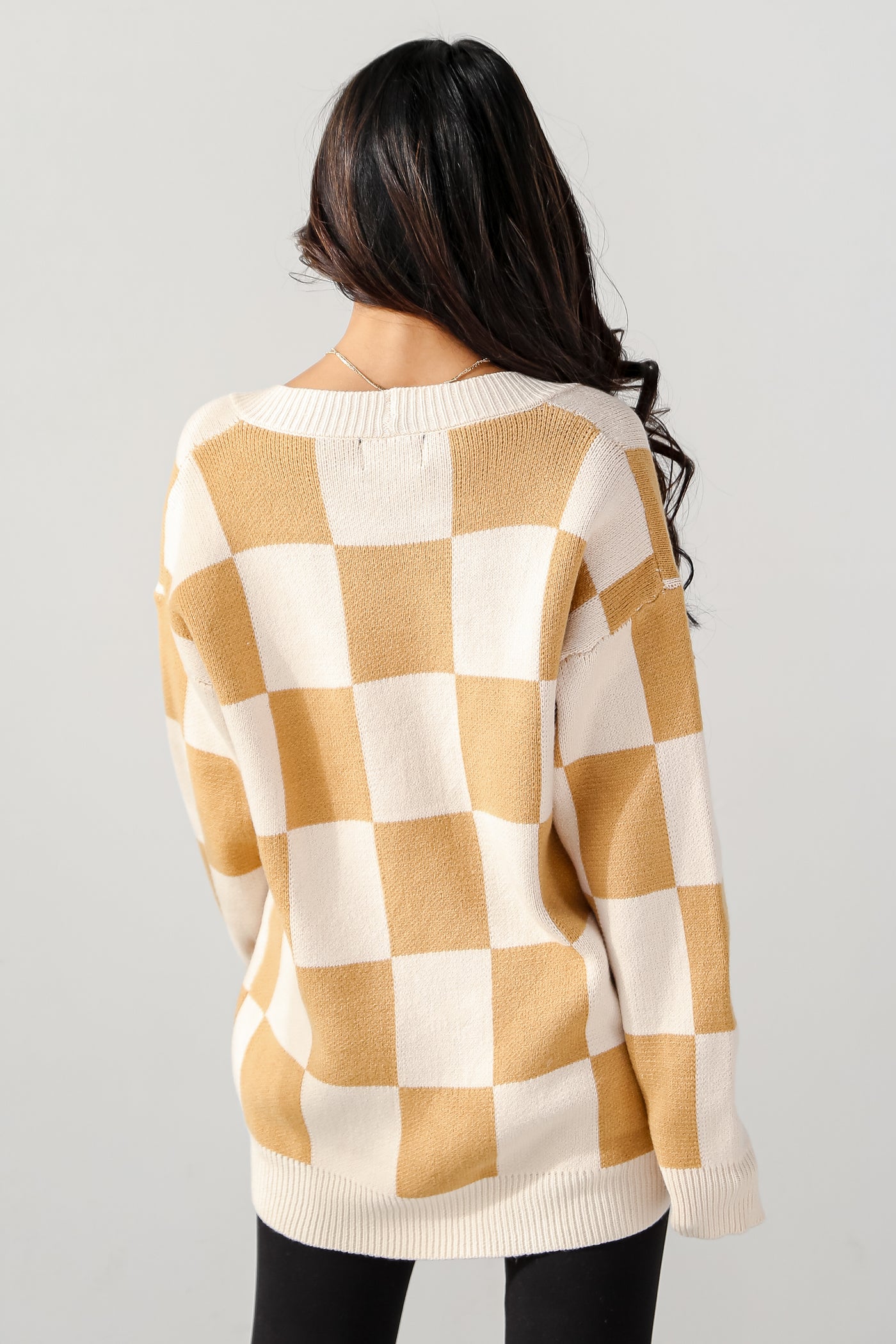 Ivory Checkered Oversized Sweater Cardigan back view