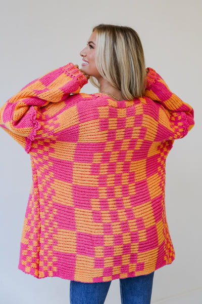 pink Checkered Sweater Cardigan back view