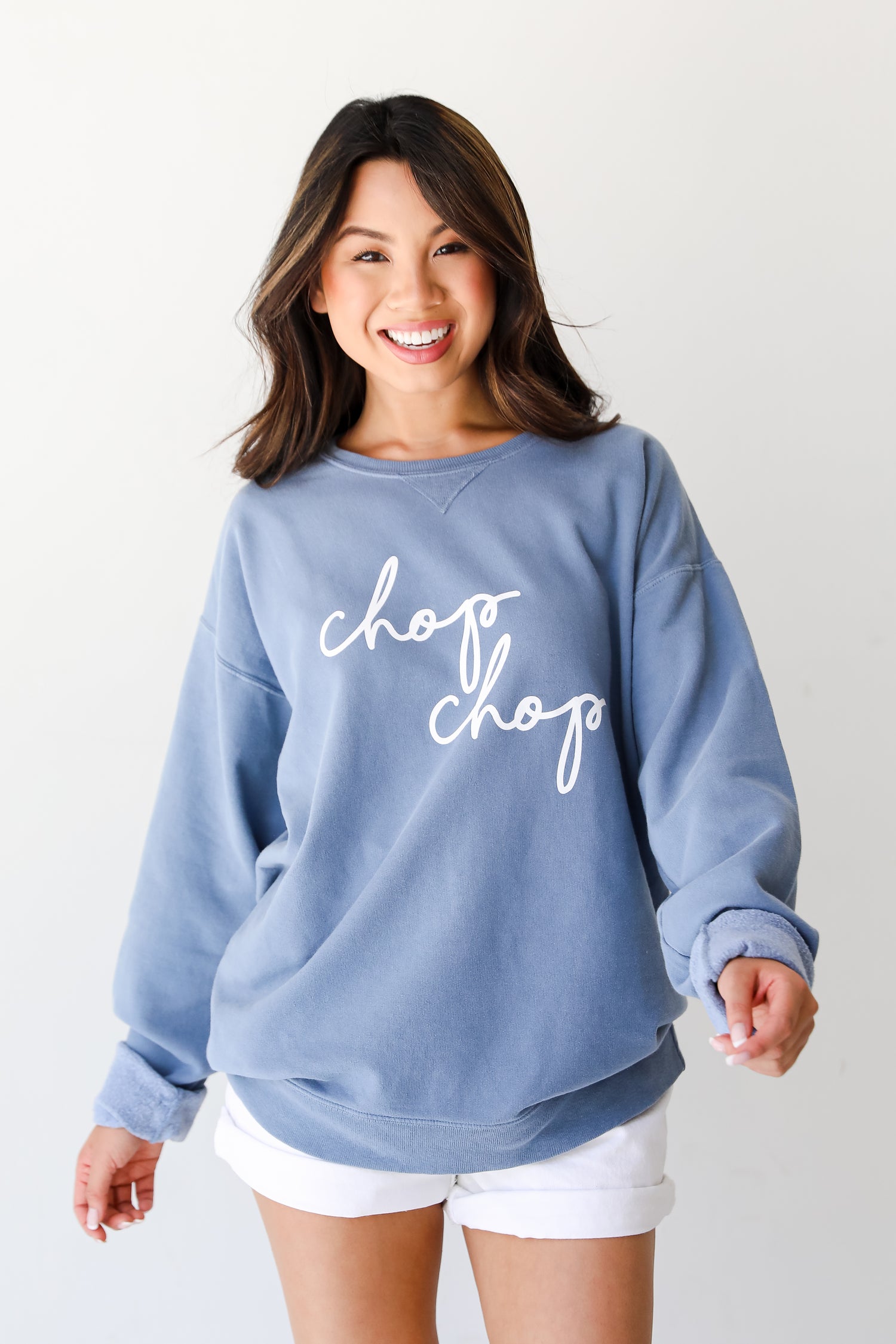 Denim Chop Chop Pullover on model