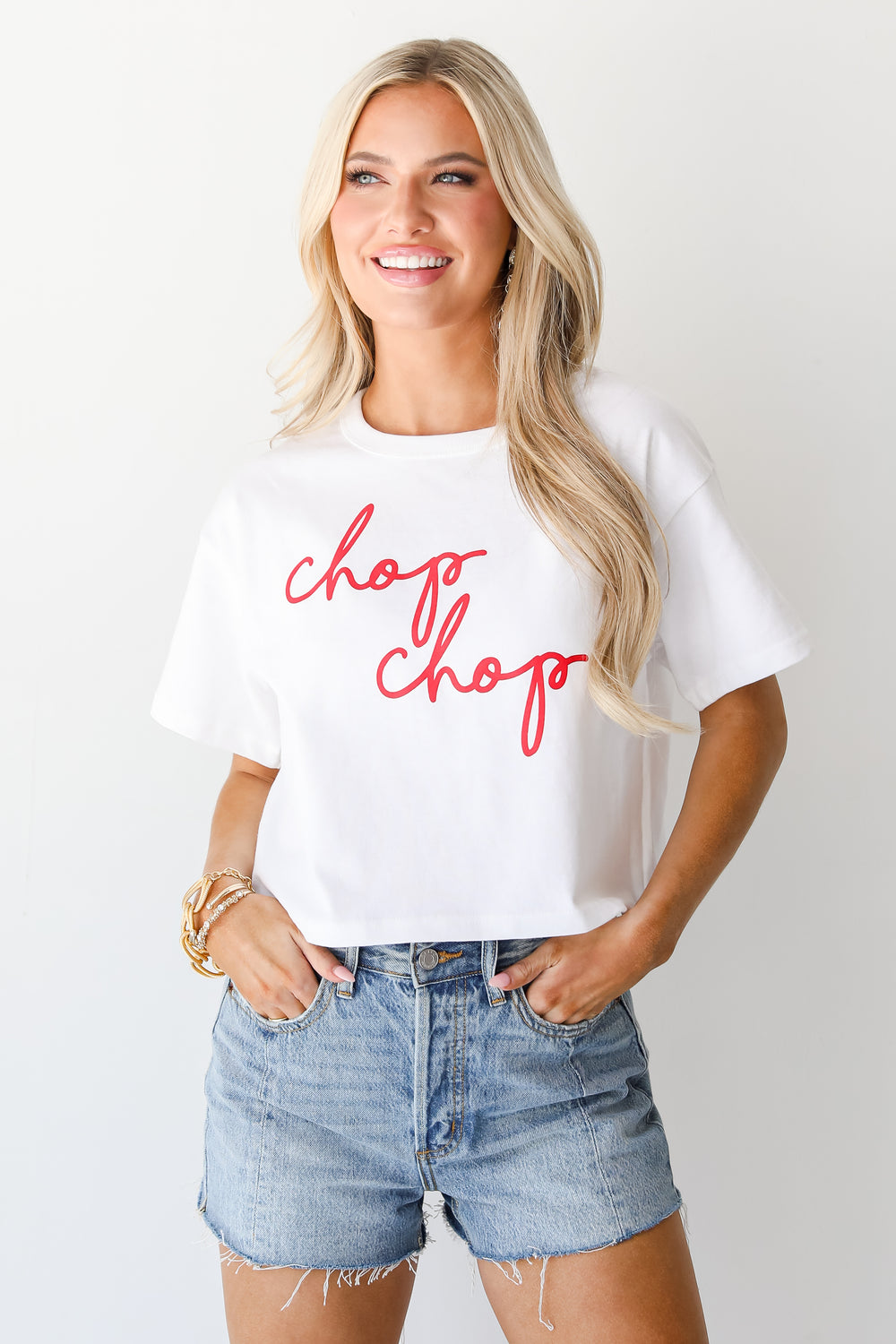 White Chop Chop Cropped Tee on model