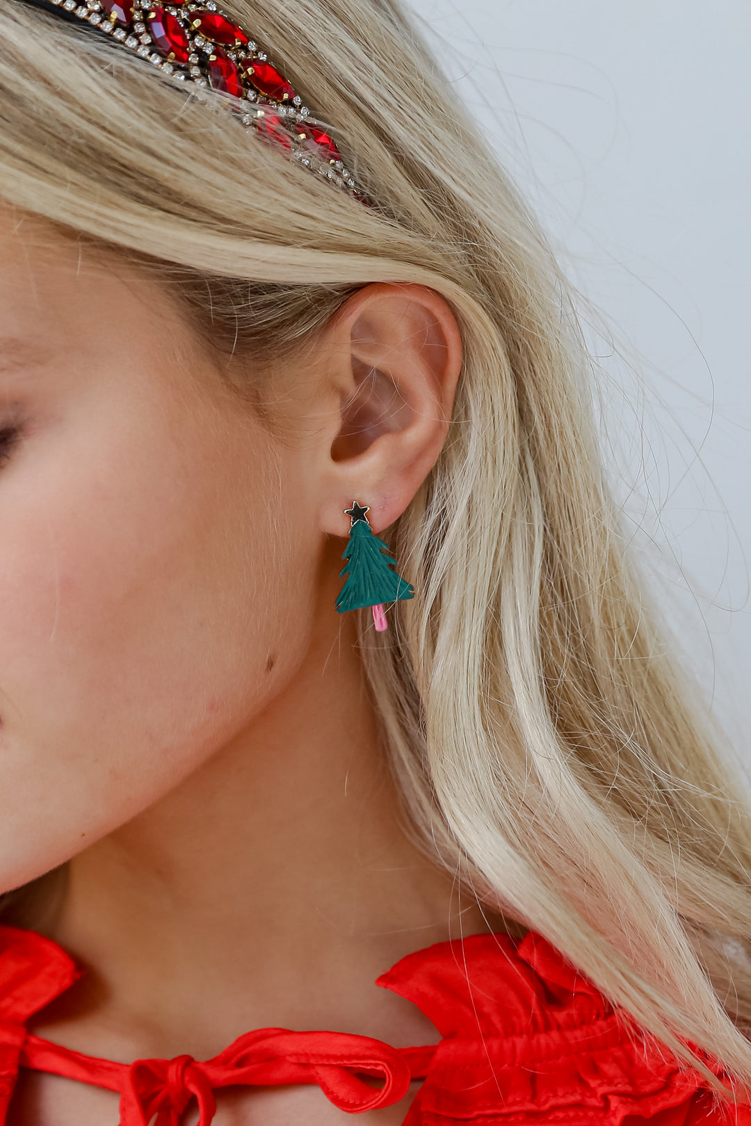 Green Christmas Tree Stud Earrings on model