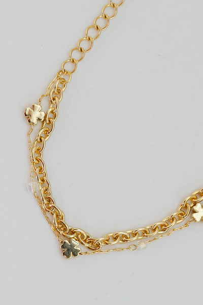 Gold Four Leaf Clover Layered Chain Bracelet