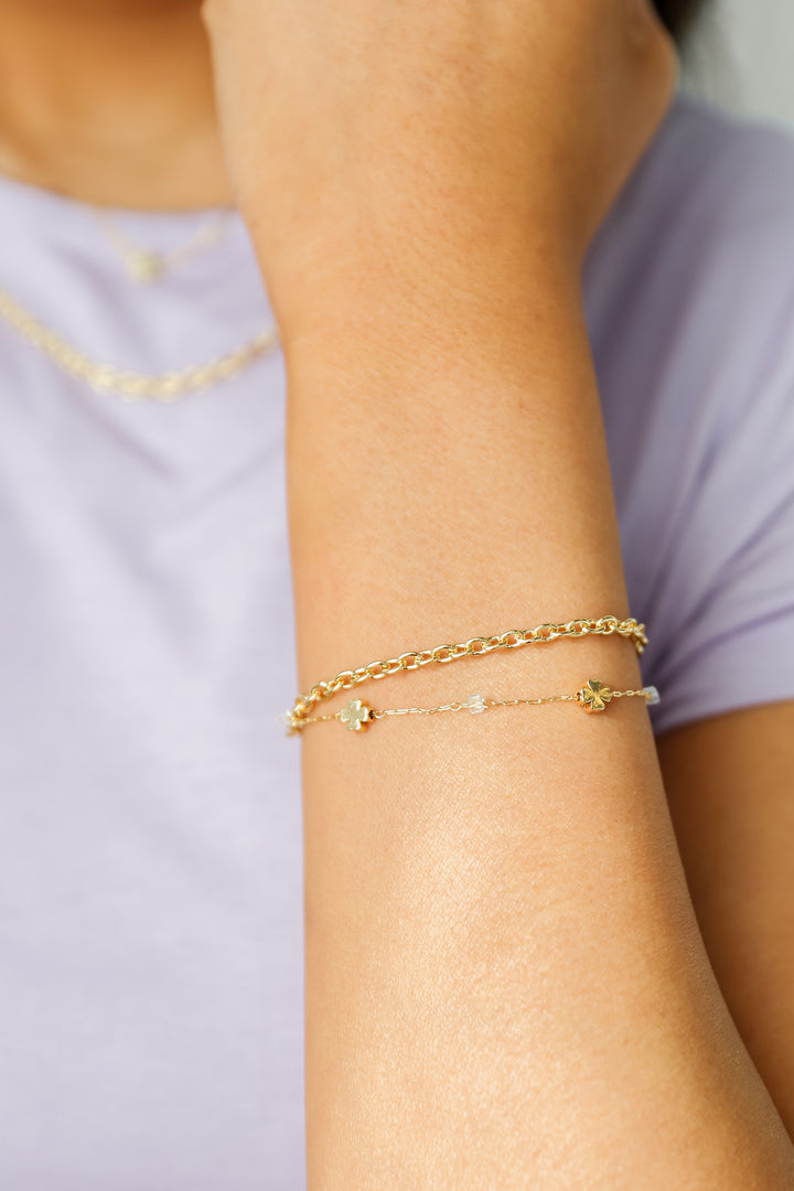 cute Gold Four Leaf Clover Layered Chain Bracelet